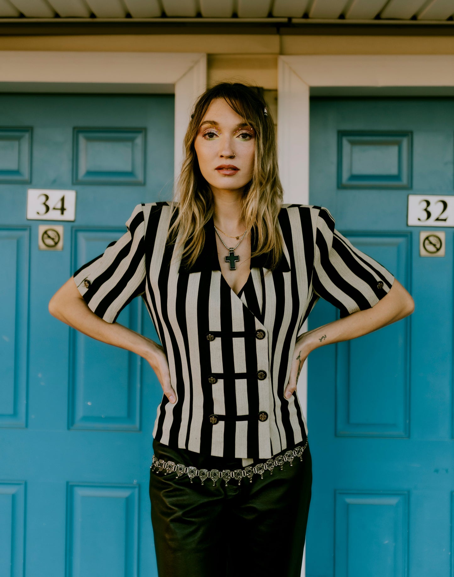 Bold Black and Cream Double Breasted Stripe Blouse